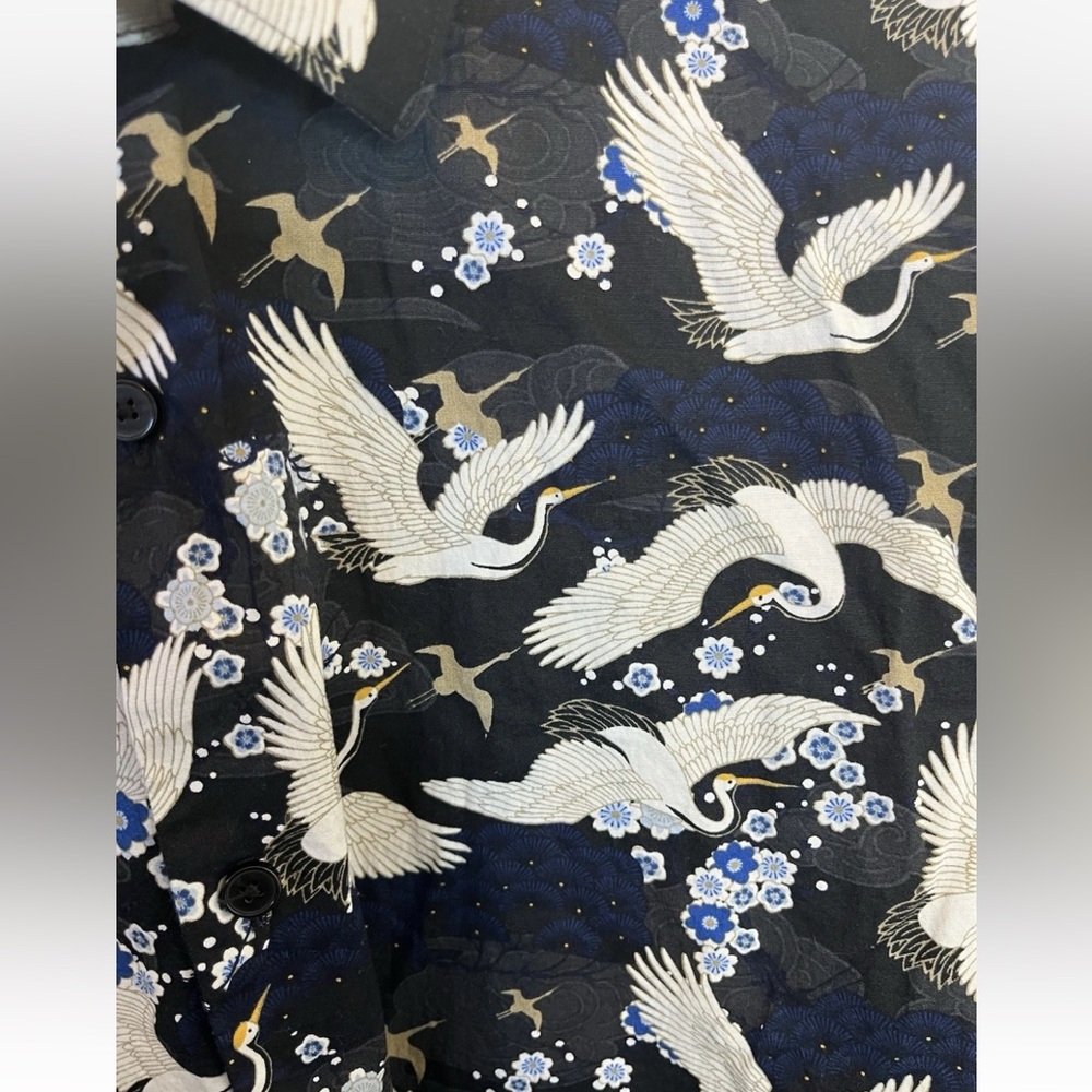 Express Mens Slim 1MX Long Sleeve Black Blue Crane Birds Shirt Button Up Size L - Picture 6 of 8